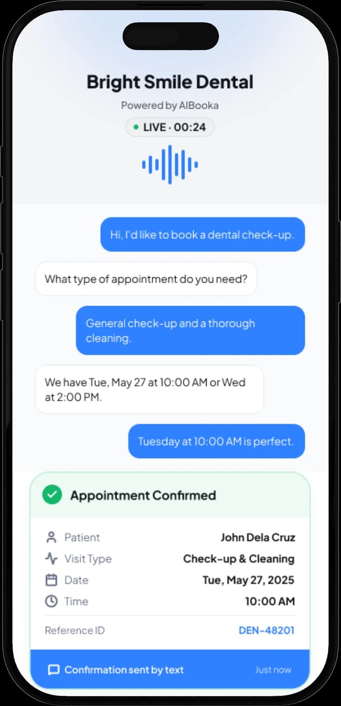 An AIBooka call in progress: a caller books a dental check-up, the AI offers two times, and the appointment is confirmed for Tuesday at 10:00 AM.